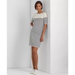 LAUREN RALPH LAUREN RLL Striped Boat Neck Dress Women Size L Cream Navy Blue
